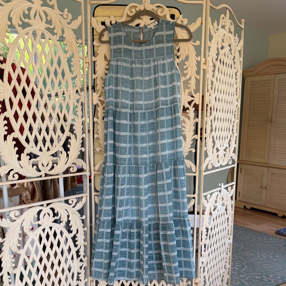 Moon River Light Blue Sheer Checkered Dress